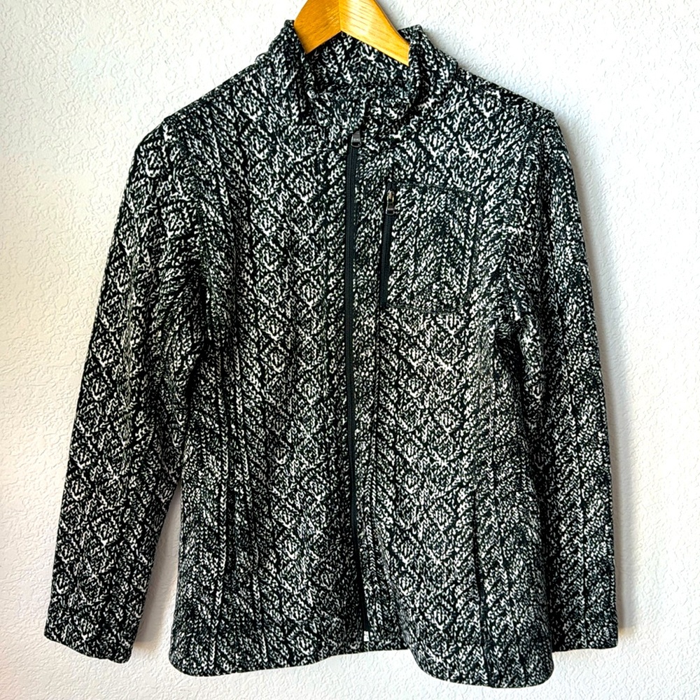 MNY Jacket Medium Women's Mock Collar Fleece lined zip up black graphic